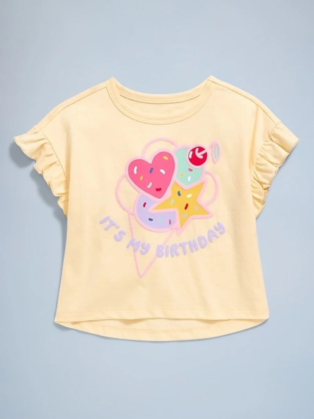 Old Navy Yellow Birthday Graphic Tee with Ruffle Sleeves